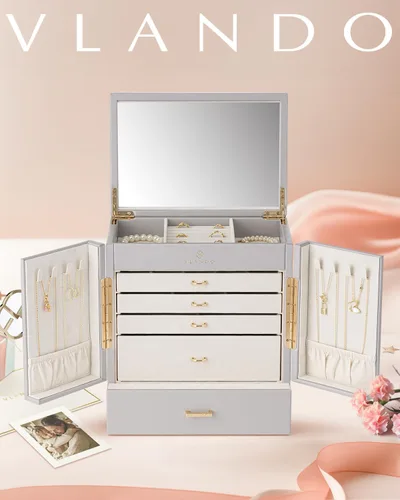 Miniatura 2 de Vlando Caja organizadora de joyas grande, caja de almacenamiento de joyas de 5 capas con espejo y 4 cajones para aretes, collares, anillos