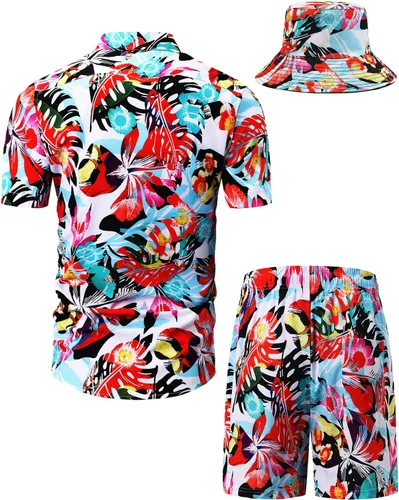 Miniatura 47 de TUNEVUSE Conjunto de camisas y pantalones cortos hawaianos para hombre, 2 piezas, trajes de playa con estampado de flores, traje tropical de verano