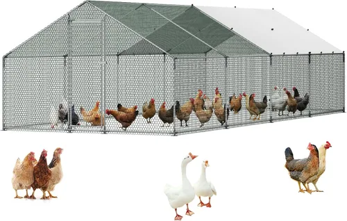 Miniatura 13 de VEVOR Gallinero de metal grande con paso, 13.1 x 9.8 x 6.5 pies para patio con cubierta impermeable, jaula grande para aves de corral
