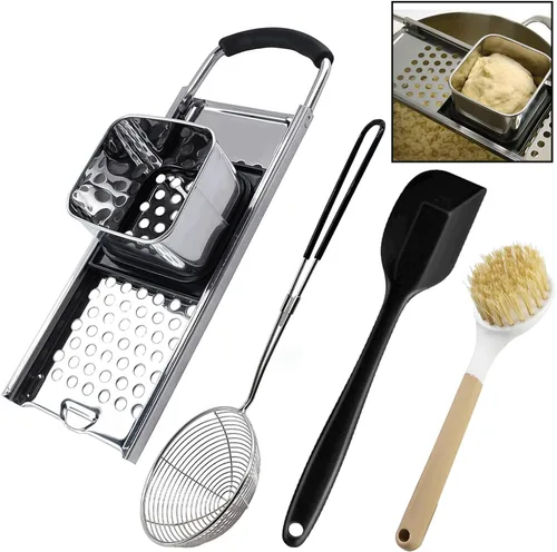 Spaetzle Maker de acero inoxidable de alta calidad con mango de agarre cómodo, cuchara de colador de araña de acero inoxidable con cepillo de