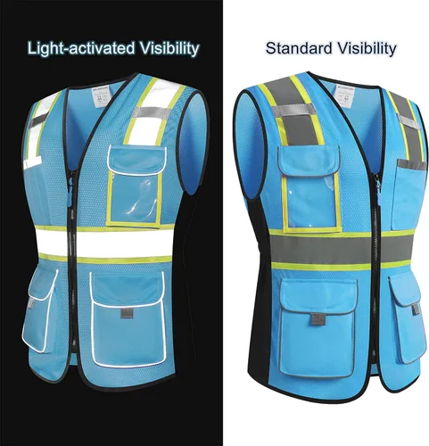 Miniatura 3 de Chaleco de seguridad para mujeres, chaleco de trabajo reflectante de alta visibilidad con 9 bolsillos múltiples y cremallera Azul