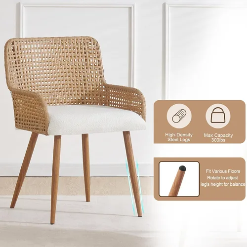 Miniatura 4 de Sillas de comedor de ratán, sillas de comedor tapizadas de tela Boucle con reposabrazos y respaldo de caña de polietileno, sillas de comedor
