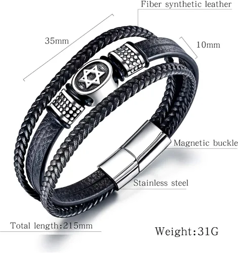 Miniatura 2 de Vanski - Pulsera de cuero trenzado multicapa de acero inoxidable diseño de estrella de David