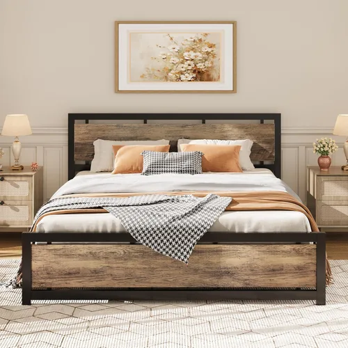 Miniatura 12 de LIKIMIO Base de cama King con cabecero y estribo, soportes fuertes de metal, fácil montaje, sin ruido, no necesita somier, gris carbón
