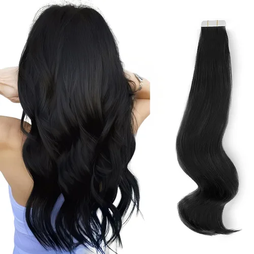 ABH AMAZINGBEAUTY HAIR Extensiones de cinta de cabello humano Remy real, Remi, extensiones de cabello negro con pegamento en trama de piel,