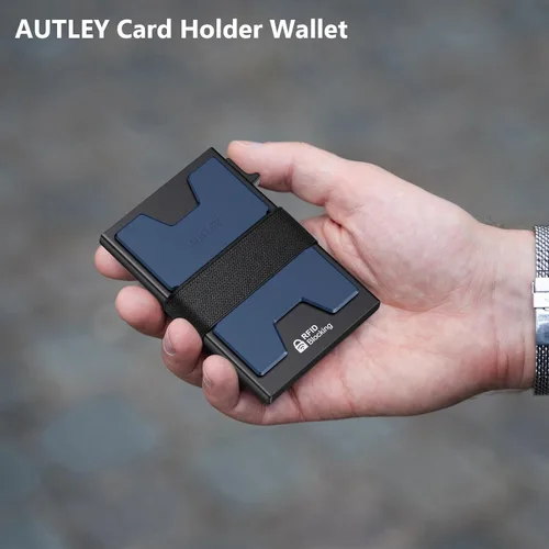 Miniatura 30 de AUTLEY Portatarjetas delgado, billetera minimalista desplegable para hombres, con bloqueo RFID y banda para efectivo (negro)