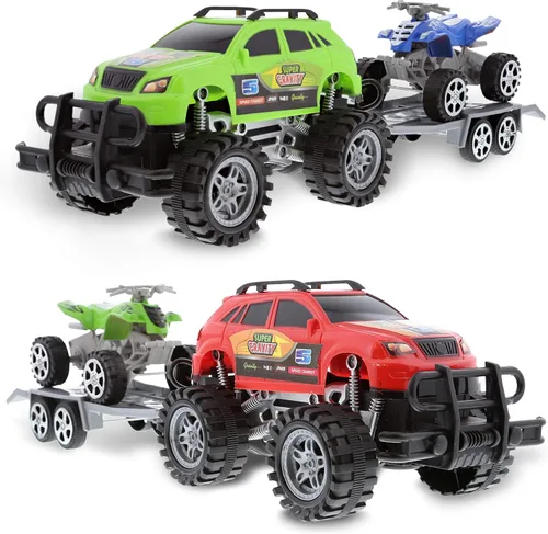 Mozlly Camiones monstruo accionados por fricción con remolques SUV ATV – 2 juegos de camiones monstruo juguetes con gancho extraíble ATV remolques