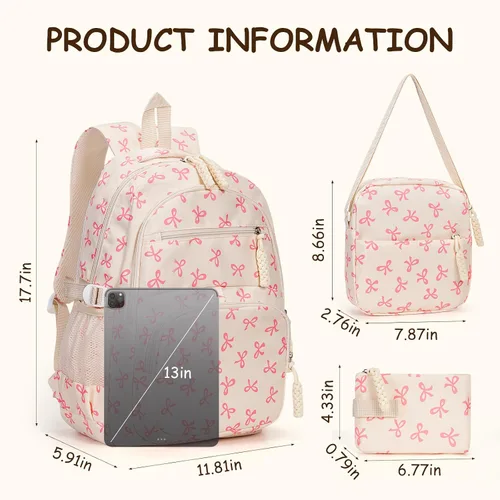Miniatura 6 de Mochila con lazo para mujer, mochila kawaii de nailon coquette, juego de 3 piezas, linda mochila para computadora portátil universitaria, mochila