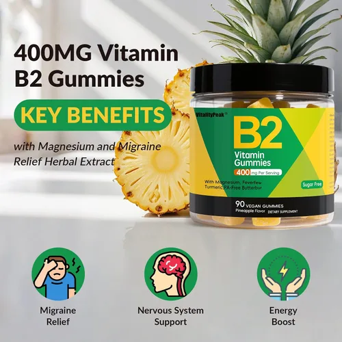 Miniatura 6 de Gomitas de vitamina B2 de riboflavina de 400 mg para adultos y niños Suplemento de migraña con magnesio, cúrcuma, pimienta de cayena, mantequilla
