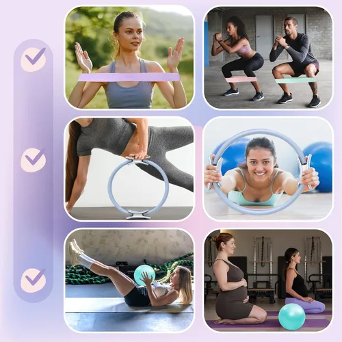 Miniatura 6 de Juego de anillos de pilates: círculo mágico de 14 pulgadas con asas acolchadas dobles, mini bola de pilates y bandas de resistencia