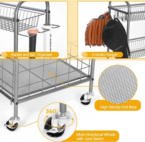 Miniatura 4 de Kinghouse Organizador de equipo deportivo con ruedas, estante de almacenamiento de pelota de garaje para baloncesto, juguetes, para garaje