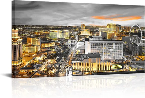 Nachic Wall Lienzo de Las Vegas de Estados Unidos, imágenes de horizonte urbano en blanco y negro, pintura nocturna para oficina, sala de estar,