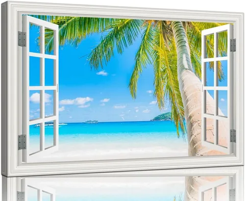 Miniatura 13 de Cuadro de pared de playa tropical para sala de estar, lienzo estilo marco de ventana, decoración de pared, palmera, impresión artística costera