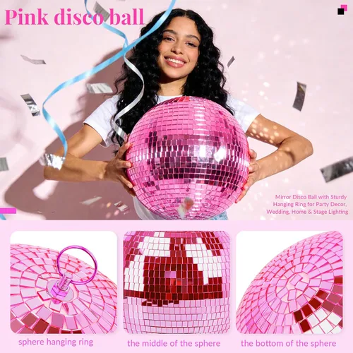 Miniatura 3 de Bola de espejo para discoteca, DJ, club, fiesta, boda, decoración del hogar, Muscab, bola de discoteca de 12 pulgadas con anillo colgante, rosa