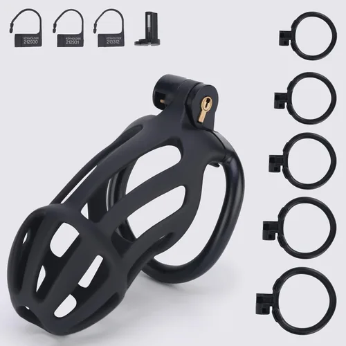 Miniatura 9 de Jaula de castidad masculina, dispositivo de castidad grande con anillos de 5 tamaños y bloqueo invisible para el pene, equipo de bondage
