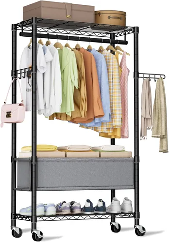 Miniatura 10 de Golpart Perchero de Ropa Resistente con Ruedas, Perchero Rodante para Prendas, Estanterías de Alambre Ajustables para Colgar Ropa con Colgador