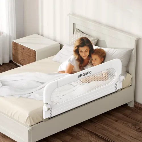 Miniatura 7 de UPGOGO Barandilla plegable para cama de niños, barandilla de cama para bebé con sistema de seguridad de anclaje reforzado, se adapta a literas