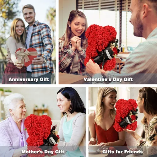 Miniatura 10 de Regalos de oso de rosas para mujer, rosa artificial de oso de rosas con collar I Love You, ramo de flores romántico, regalo para esposa, mamá