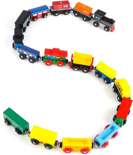 Miniatura 9 de Wondertoys Juego de tren de madera de 16 piezas, incluye bolsa de almacenamiento, accesorios de pista de madera, juego de automóvil magnético