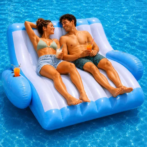 4E's Novelty Flotador inflable para dos personas con soporte para tazas, tumbona de alta resistencia para adultos, flotadores flotantes flotantes