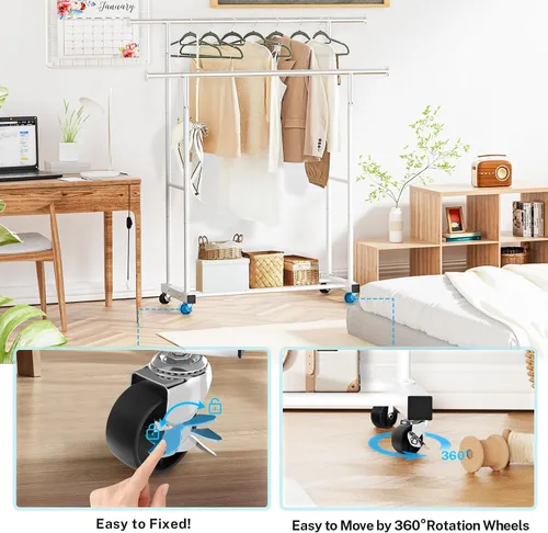 Miniatura 4 de VICERII Perchero para ropa, perchero resistente de 55.51 pulgadas con ruedas y estante inferior, con capacidad de 130LB, percheros para colgar ropa