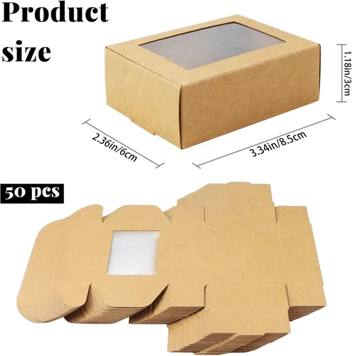 Miniatura 8 de BadenBach Paquete de 50 mini cajas rectangulares de papel kraft con ventanas transparentes, 3.33 x 2.35 x 1.18 pulgadas, pequeñas cajas de embalaje