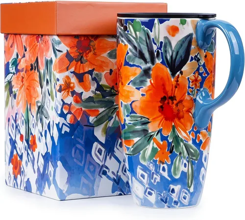 Miniatura 14 de Topadorn Taza de café de cerámica con tapa y asa, taza de viaje de cerámica, taza de té con leche de porcelana en caja de color de 17 onzas, tapa