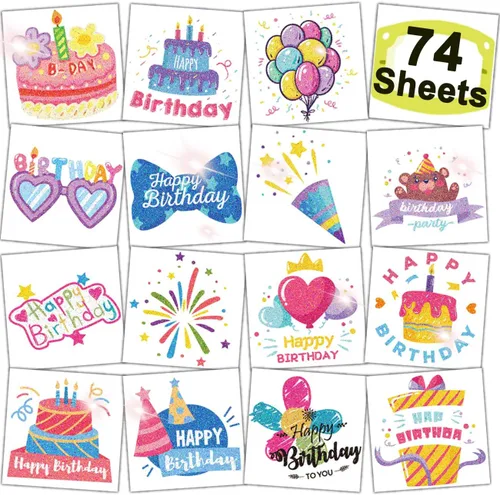 CHARLENT Palitos de tatuaje de feliz cumpleaños con purpurina para niños, 74 hojas individuales, tatuajes temporales, regalos de cumpleaños para