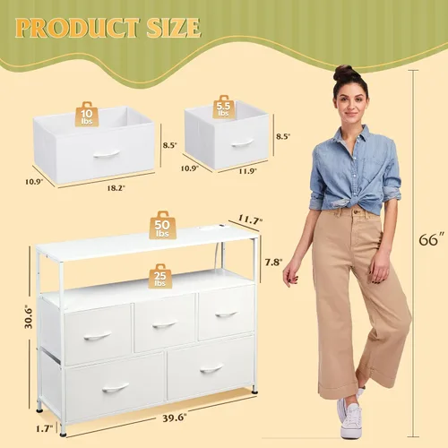 Miniatura 3 de WLIVE Cómoda blanca para dormitorio, cómoda de 5 cajones con estación de carga, cómoda de tela con estantes abiertos, cómoda de almacenamiento