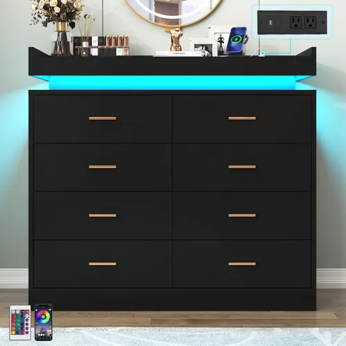 Miniatura 6 de Hlivelood Cómoda de 8 cajones con luz LED y estación de carga, cómoda moderna para armario, armario organizador de cajones anchos para dormitorio
