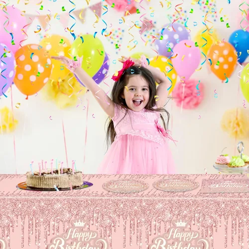 Miniatura 7 de 41 piezas de decoración de fiesta de cumpleaños de oro rosa - Suministros de tema rosa y oro - Incluye 20 platos, 20 servilletas y 1 mantel