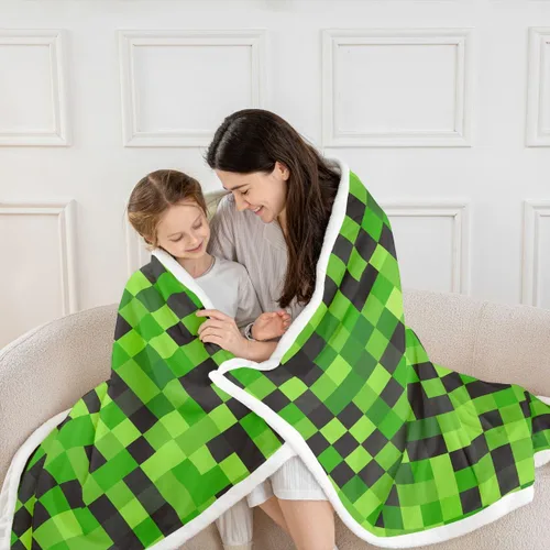 Miniatura 2 de Manfei Miner Style Grid Throw Blanket Green Pixel Shade Plaid Fleece Blanket Modern Geometric Games Cozy Throws for Bed Couch Sofa,Kids Boys Girls