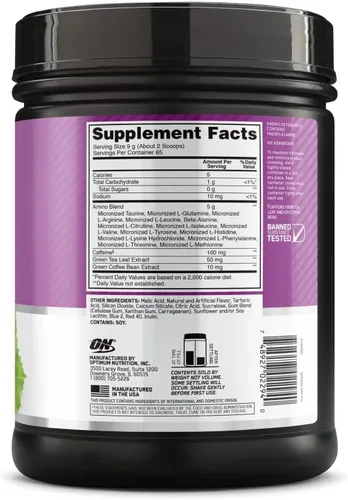 Miniatura 6 de Optimum Nutrition Amino Energy - Polvo energético para antes del entrenamiento con té verde, BCAA, aminoácidos, extracto de café verde, sabor uva