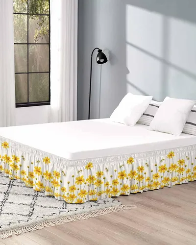 Miniatura 5 de Falda de cama floral amarilla, tamaño King de 16 pulgadas de caída, ajustable y elástica, plisada, con volantes de polvo de lujo para cama