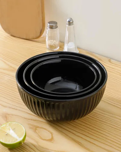 Miniatura 5 de HASENSE Juego de 3 cuencos pequeños de mezcla, cuencos de porcelana acanalados negros de 1.5/1/0.5 cuartos de galón para cocina, cocción, horneado