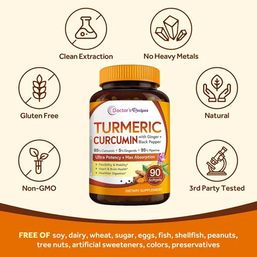Miniatura 5 de Doctor's Recipes Cúrcuma Softgel 750mg Curcuminoides (95%) con extracto de jengibre (5% gingeroles) para función antioxidante, movilidad