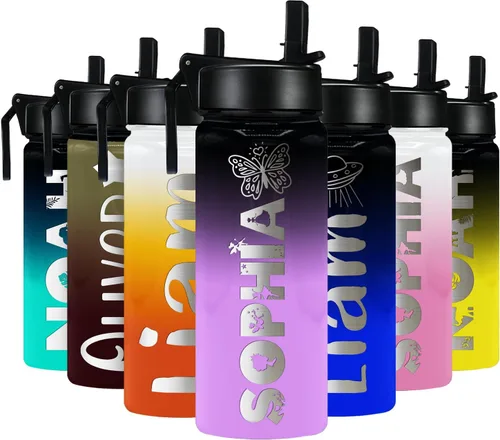 Miniatura 13 de Botella de agua personalizada para niños con tapa de popote en azul aguamarina degradado para la escuela, nombre personalizado para niños, 18 onzas