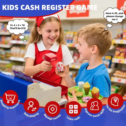 Miniatura 4 de HYES Caja registradora de madera para niños, supermercado de juego de simulación recargable y restaurante de comida rápida, caja registradora