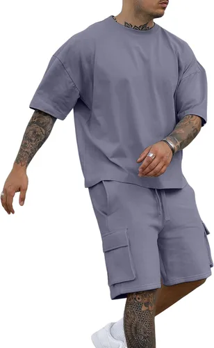 YawYews Conjunto deportivo casual de 2 piezas para hombre, pantalones cortos tipo cargo, para verano, atlético, manga caída, con hombros caídos