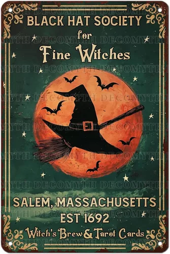 Black Hat Society Witches Halloween Farmhouse Country Home - Póster decorativo de hierro para decoración de pared, letrero de metal retro vintage,