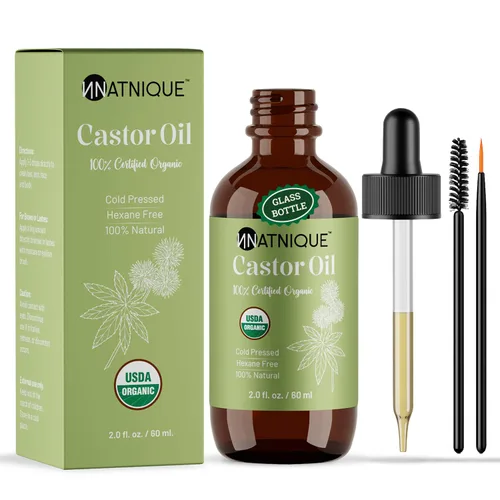Natnique Aceite de ricino orgánico certificado por USDA, aceite 100% puro prensado en frío sin refinar para el crecimiento del cabello, pestañas,
