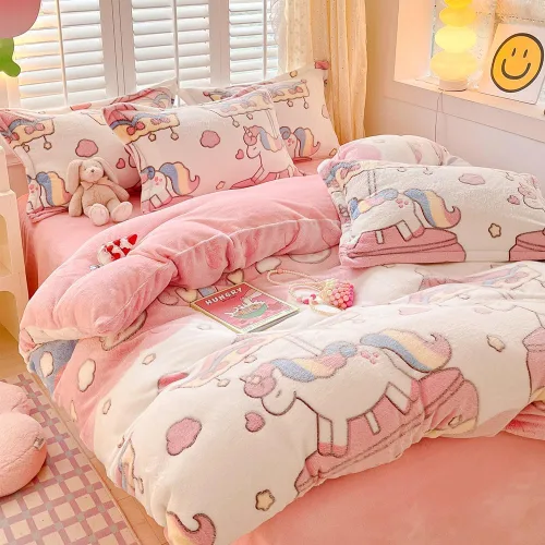 Miniatura 5 de Juego de funda de edredón de carrusel para niños, juego de ropa de cama kawaii rosa, tamaño Twin, funda de edredón y cobertor esponjosa con copos