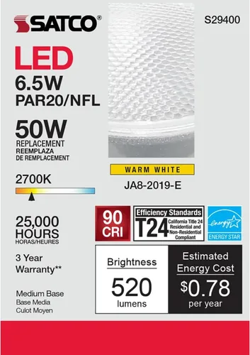 Miniatura 8 de Satco Bombilla LED de estado sólido S9400, plata, 7 vatios, voltaje 120, 525 lúmenes iniciales, forma de lámpara PAR20, base media, base ANSI E26