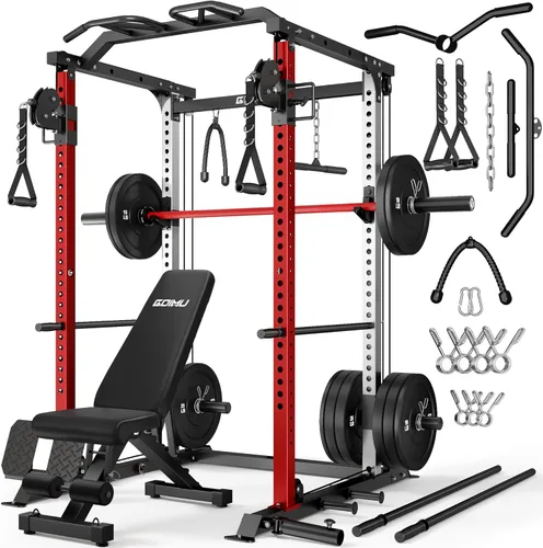 Miniatura 24 de DP01 - Jaula de potencia, estante para sentadillas de 2000 libras con cable cruzado y sistema de polea doble independiente, jaula completa para Rojo