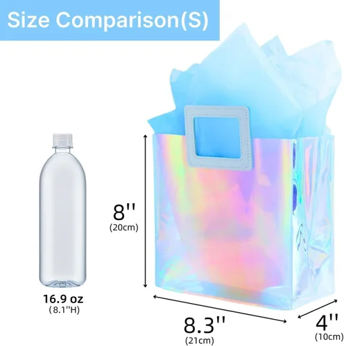 Miniatura 6 de Bolsa de regalo pequeña holográfica de 8.3'' con papel de seda, bolsa de regalo reutilizable para cumpleaños para niñas y mujeres, bolsa iridescente