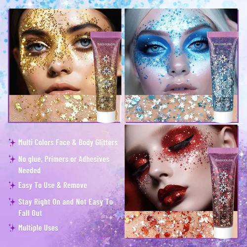 Miniatura 2 de BADCOLOR Juego de purpurina dorada, azul y rojo, purpurina holográfica brillante para cabello, uñas, labios, festivales de música, conciertos, rave