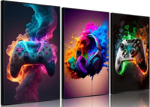 Miniatura 7 de BGFCE Arte de Lienzo de Pared para Gaming, Pinturas de Arte de Controlador de Juego con Salpicaduras de Tinta de Color, Pósteres para Estética