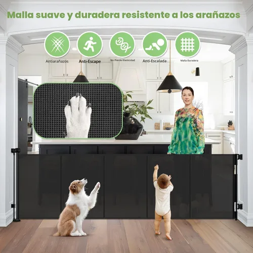 Miniatura 6 de Puerta retráctil reforzada de 96 pulgadas de ancho con varillas de apoyo, puerta retráctil extra larga para perros, puertas exteriores para Negro
