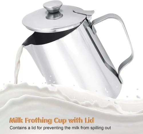 Miniatura 7 de Vaso espumador de leche de acero inoxidable con tapa, jarra de vapor de café expreso de 13.8 fl oz, jarra de espuma de leche barista para arte