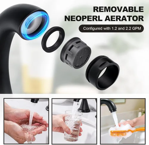 Miniatura 5 de Grifo de baño de amplio alcance, ALEASHA grifo de baño negro mate con desagüe emergente, grifos de lavabo de 3 agujeros para RV/lavabo de camping